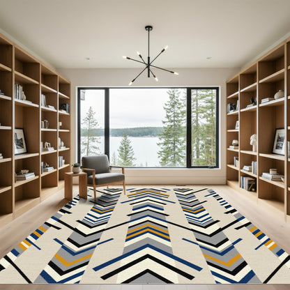 Modern Blue Gold Chevron Stripes Rug