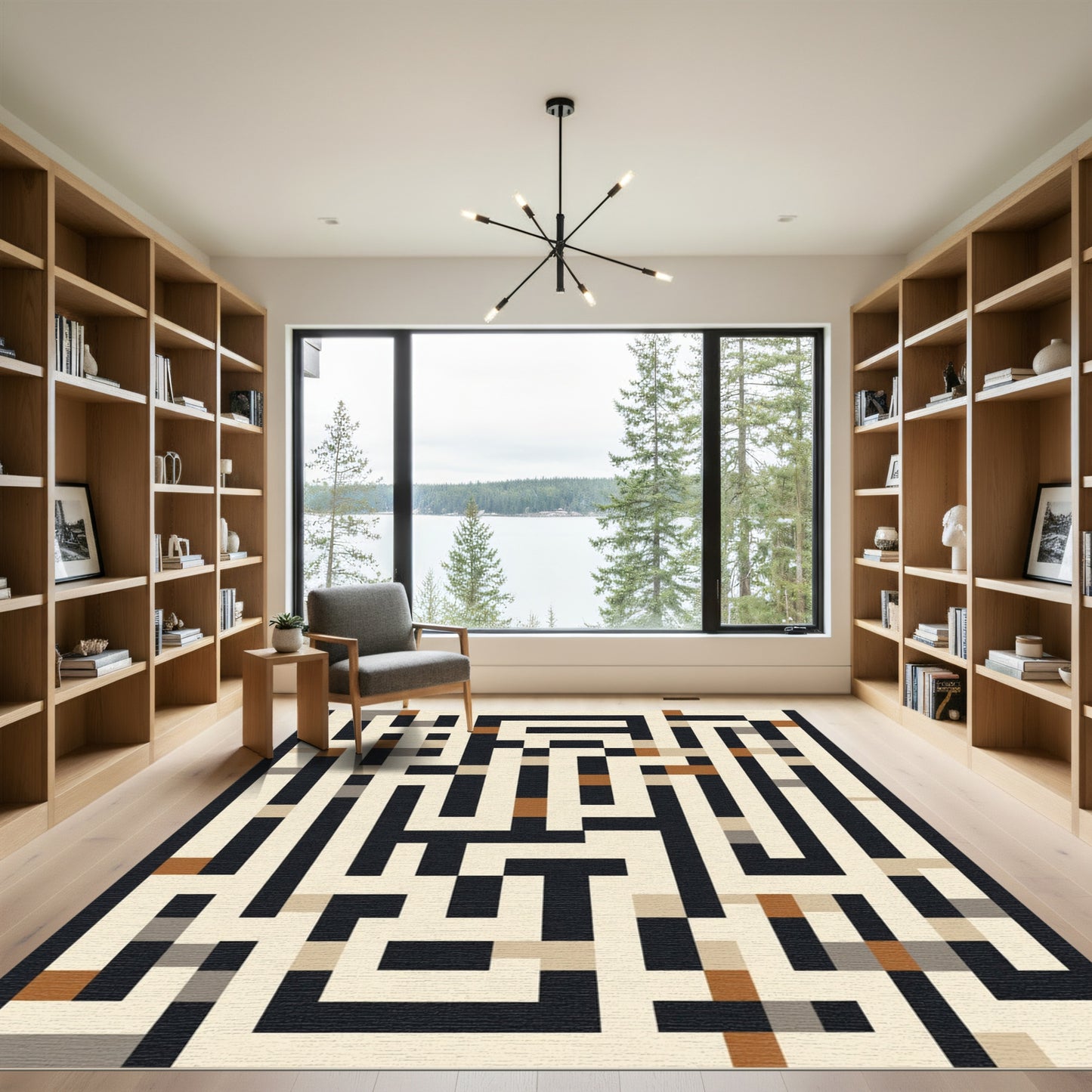 Abstract Black Geometric Maze Rug