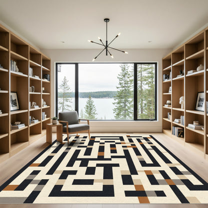 Abstract Black Geometric Maze Rug