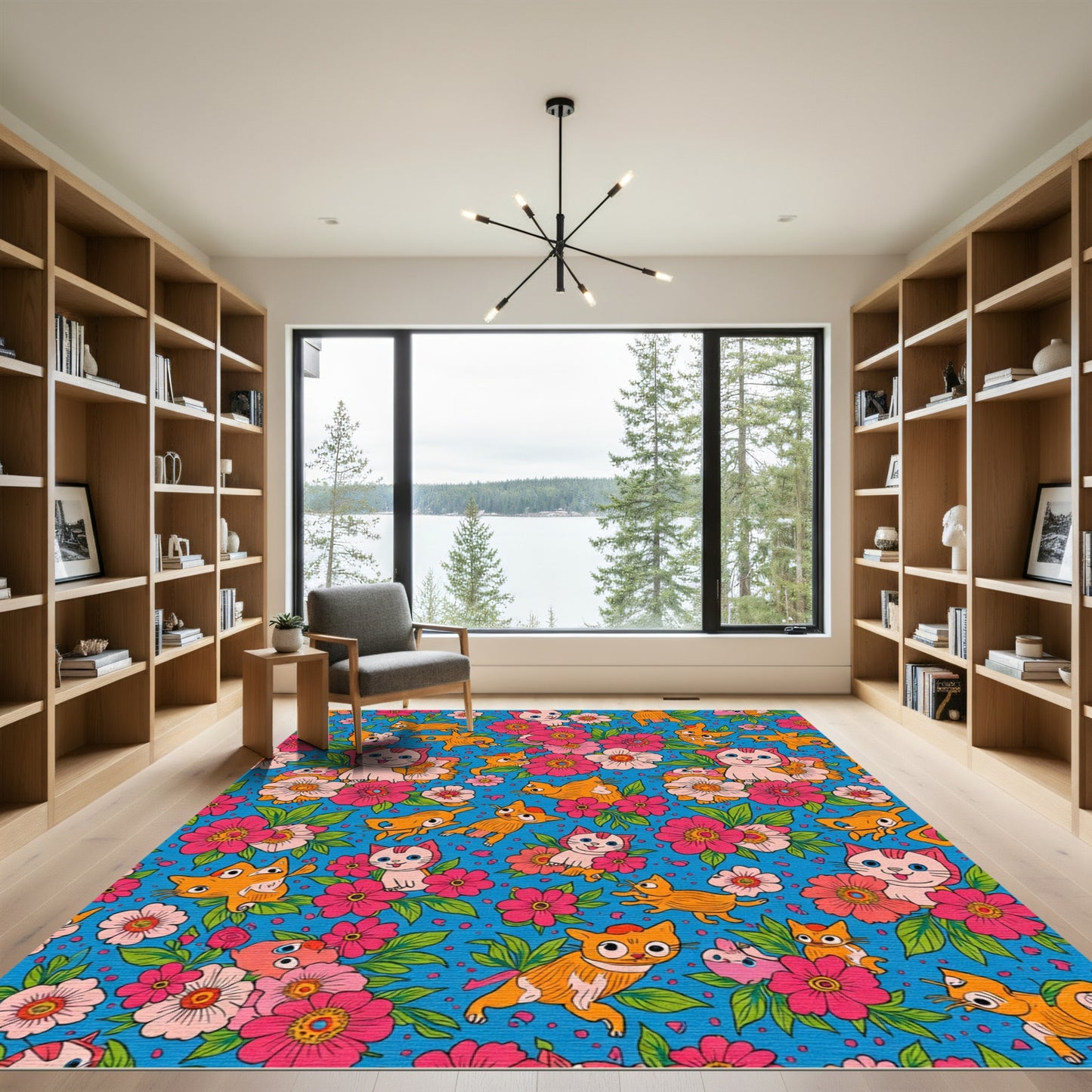 Playful Cats Amidst Pink Floral Clusters Rug