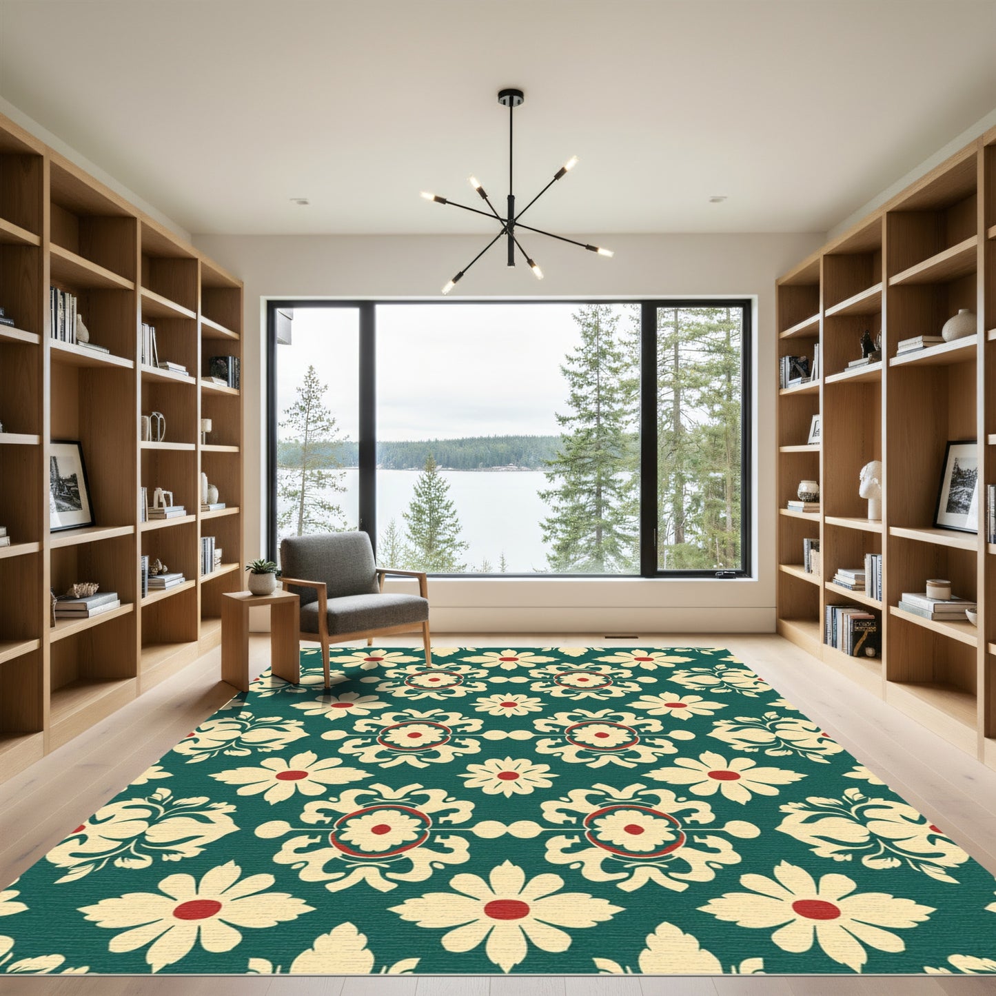 Cream Red Floral Medallion Teal Rug