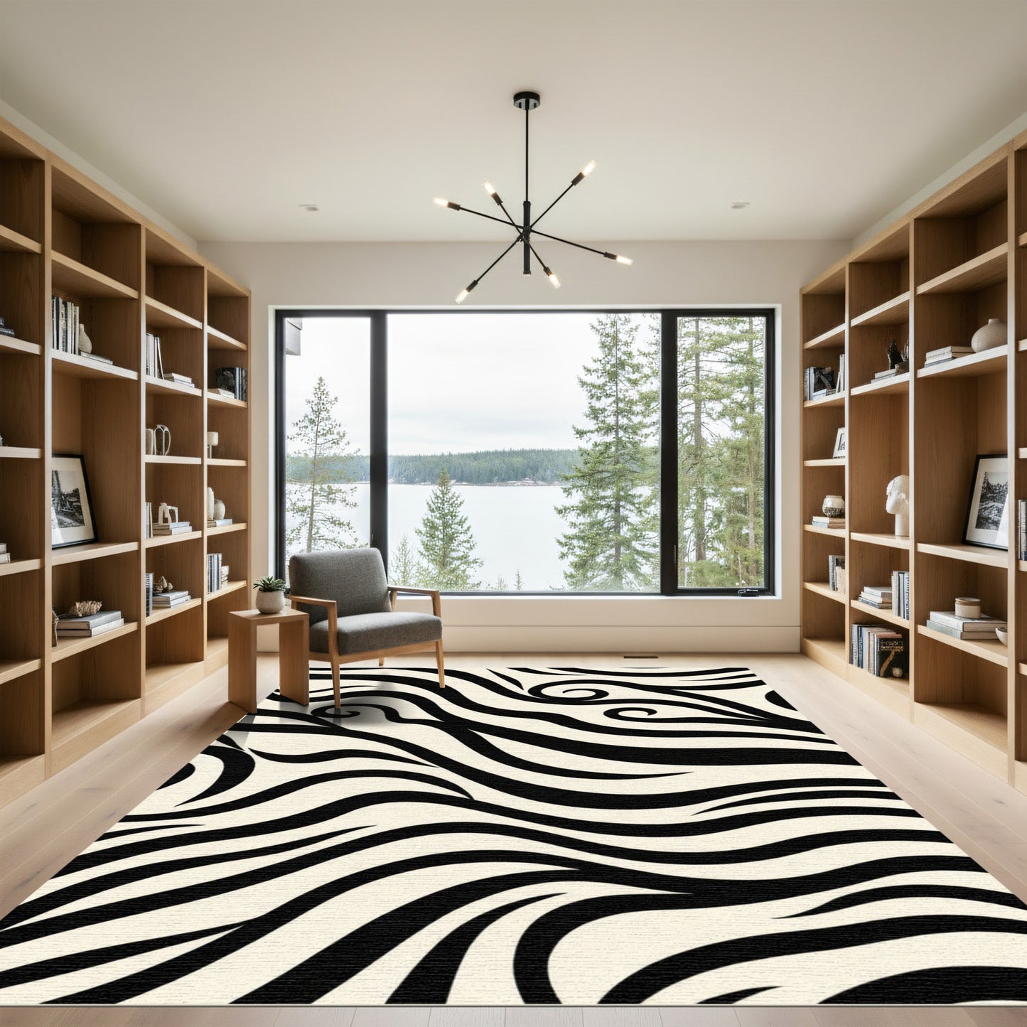 Cream Black Abstract Swirl Rug