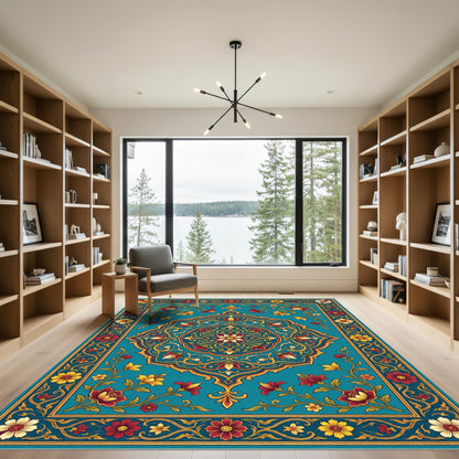 Teal Crimson Floral Medallion Border Rug