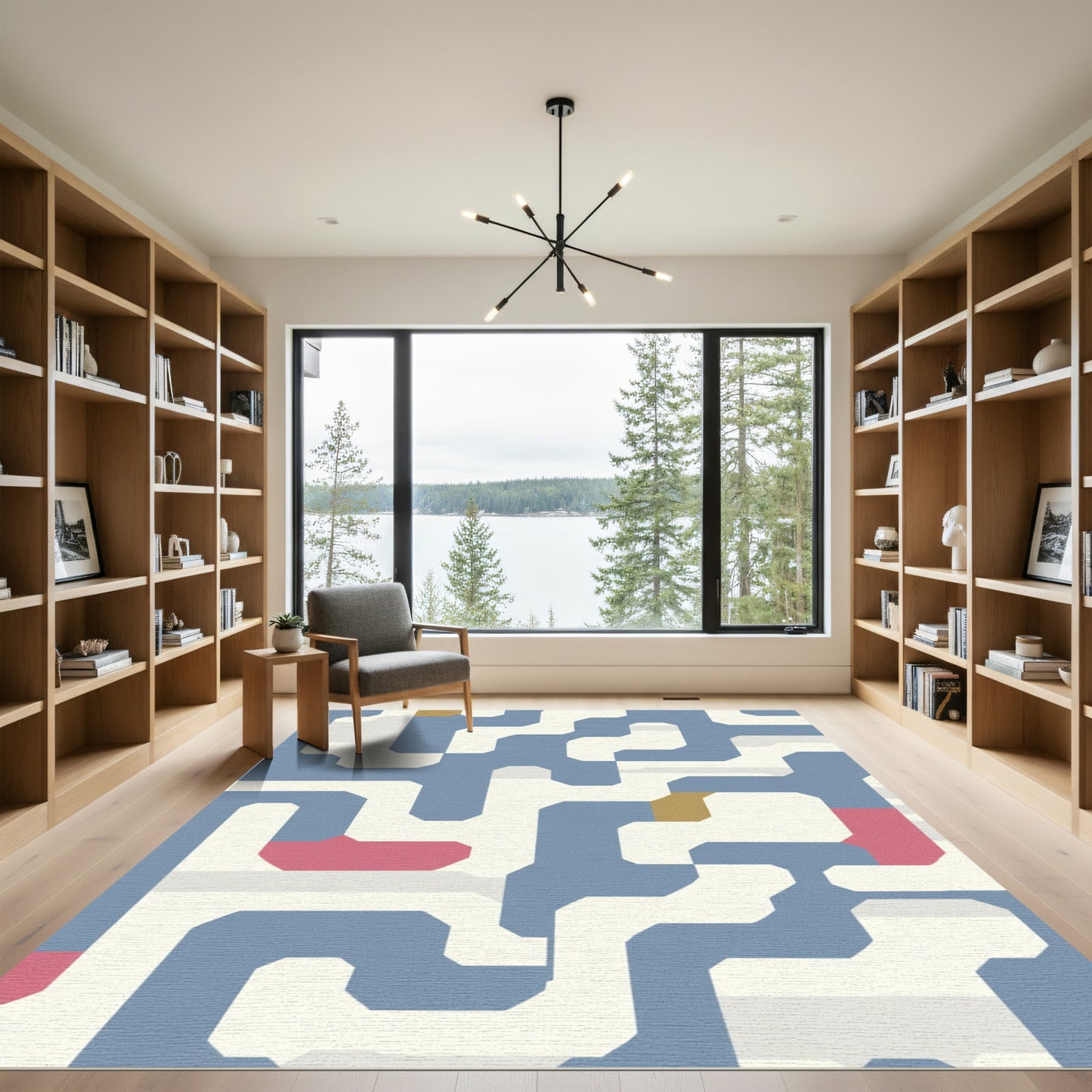 Blue Geometric Maze Linework Rug