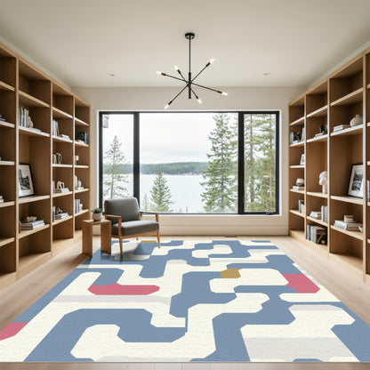 Blue Geometric Maze Linework Rug