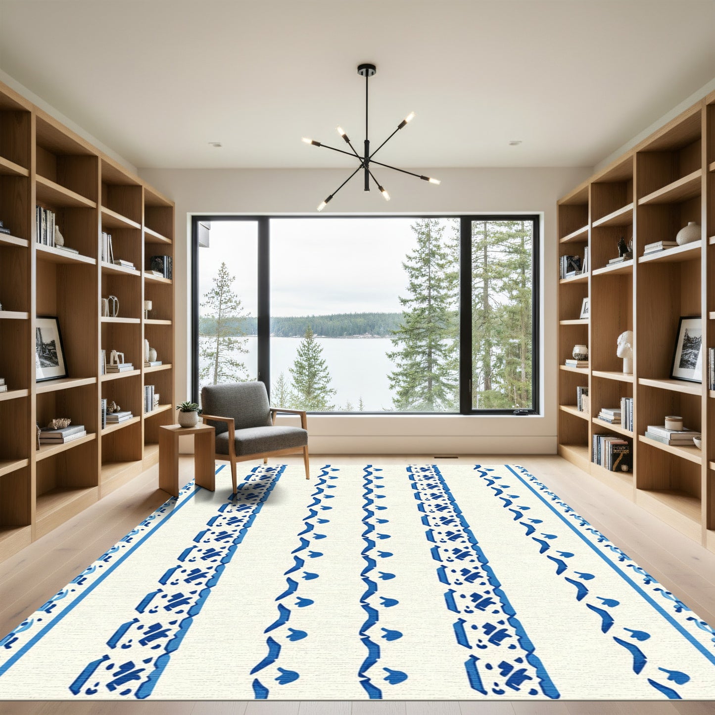 Blue White Vertical Stripe Medallion Rug