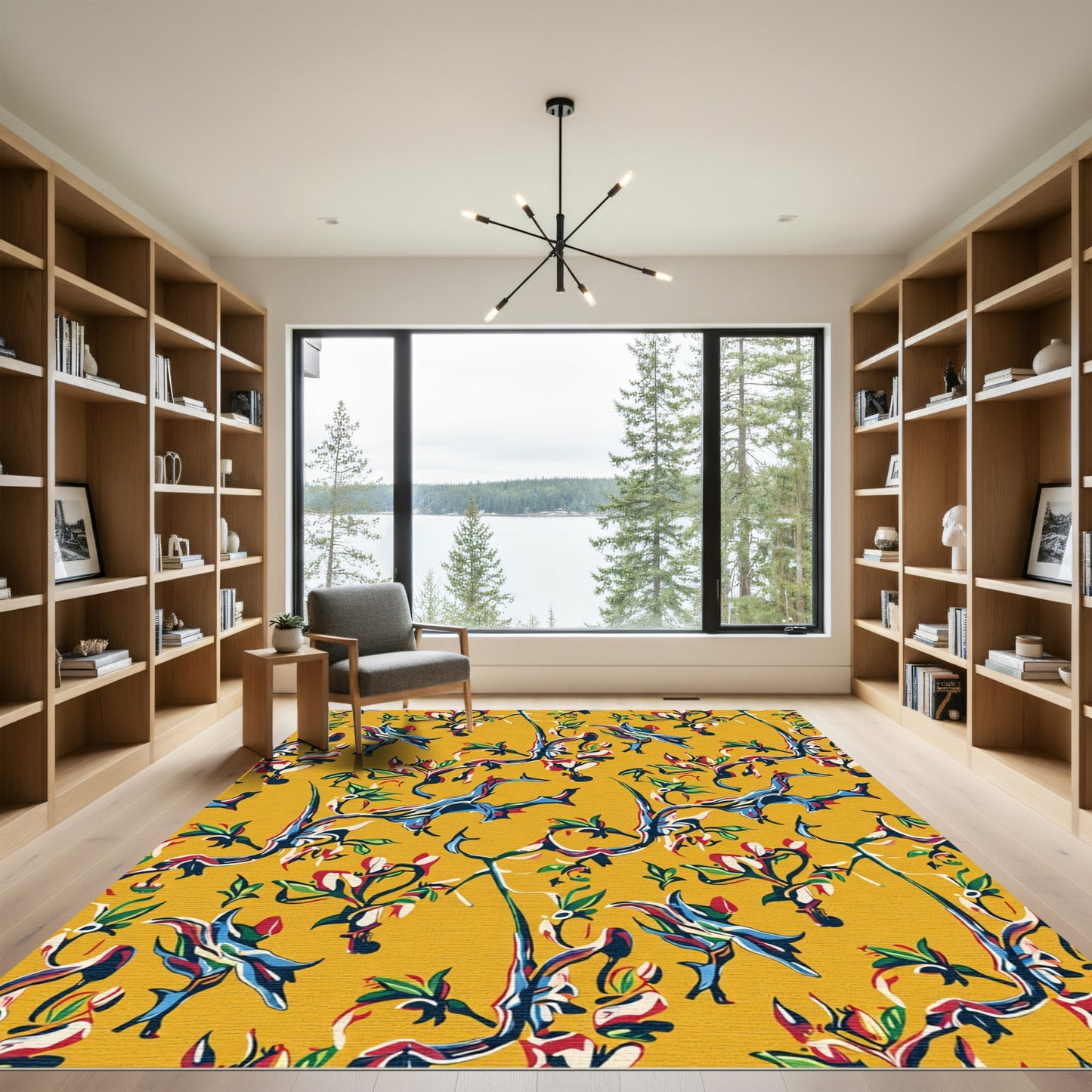 Vivid Yellow Abstract Floral Branches Rug
