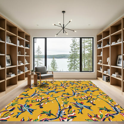 Vivid Yellow Abstract Floral Branches Rug
