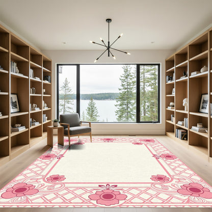 Pink Floral Lattice Corner Frame Rug