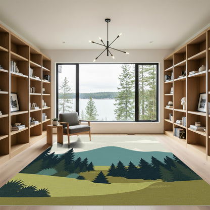 Misty Mountain Pine Forest Landscape Rug