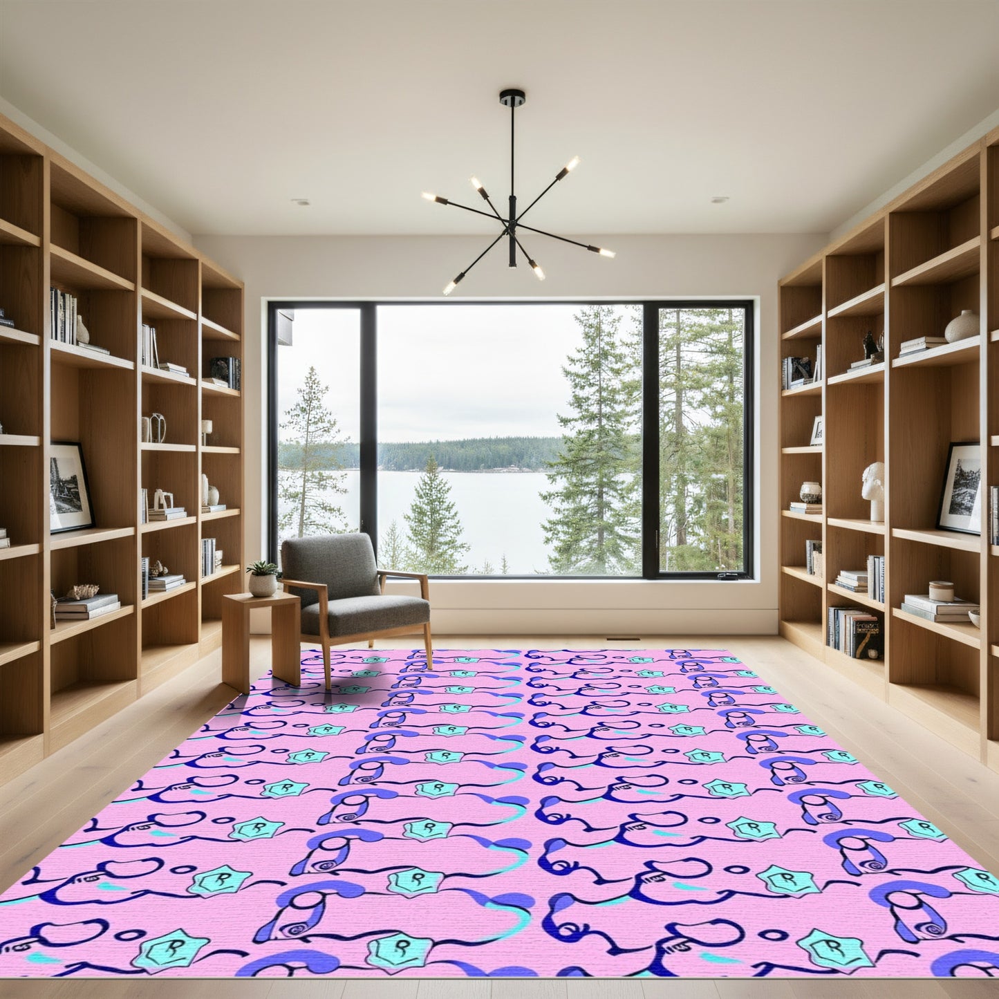 Pink Abstract Swirls Aquamarine Stars Rug