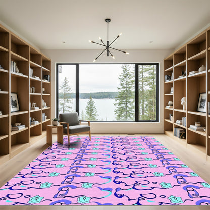 Pink Abstract Swirls Aquamarine Stars Rug