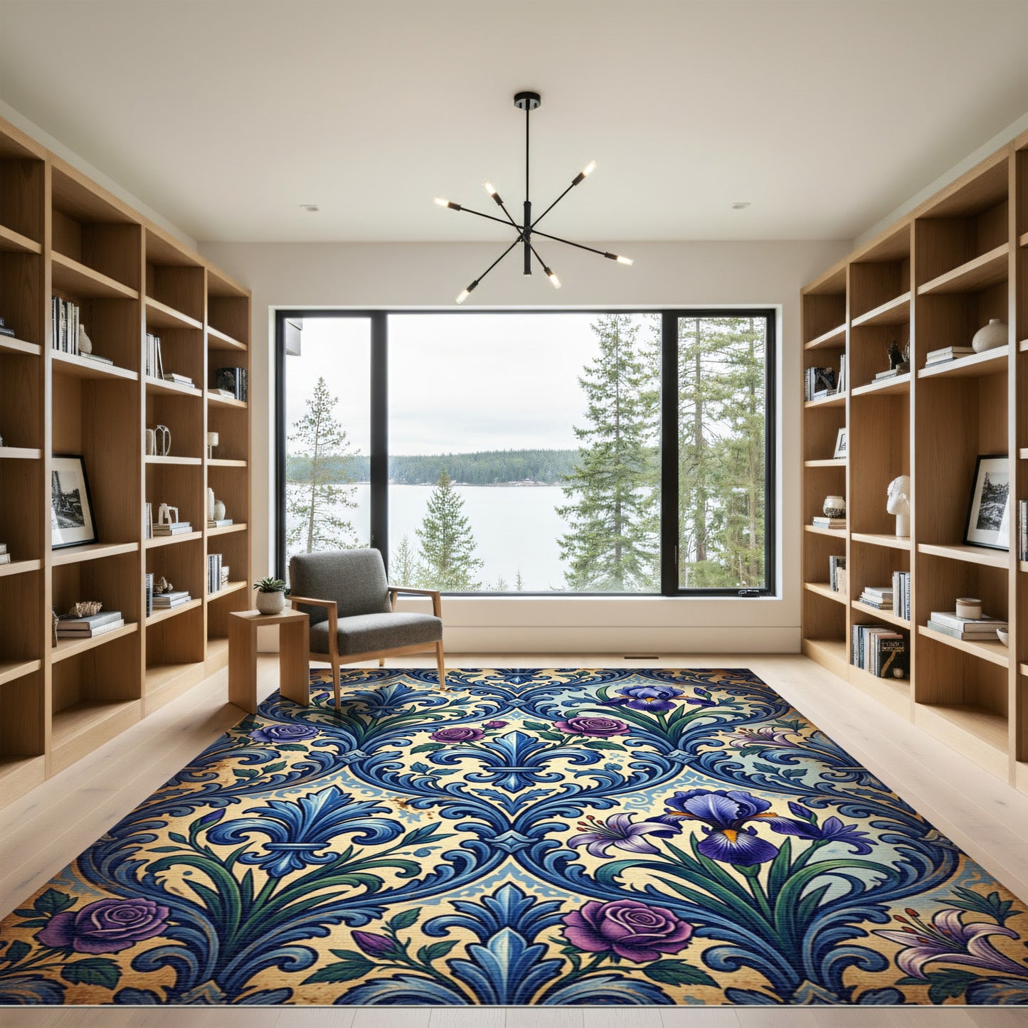Regal Blue Floral Ornate Scroll Rug