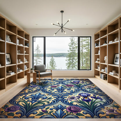 Regal Blue Floral Ornate Scroll Rug