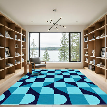 Deep Blue Geometric Quarter Circle Rug