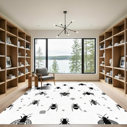 Black Insect Scatter On White Field Rug