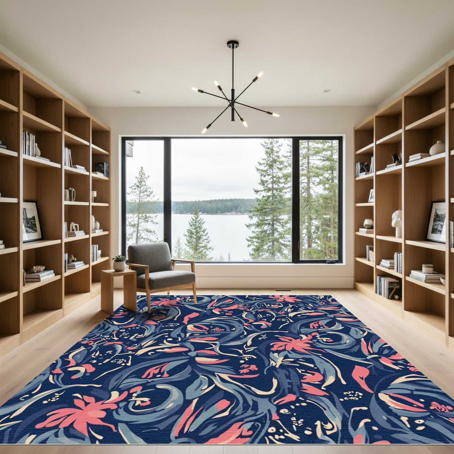 Coral Pink Floral Swirl Navy Rug