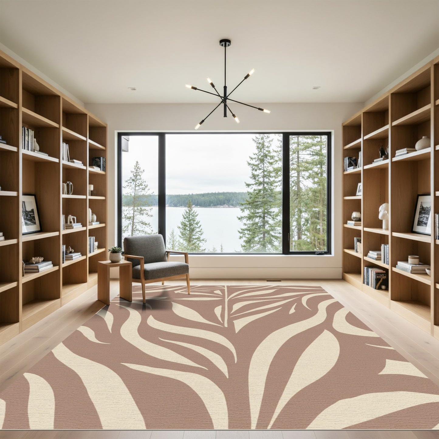 Earthy Beige Abstract Leaf Swirl Rug