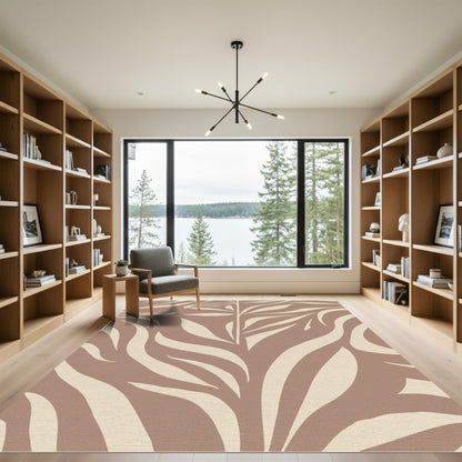 Earthy Beige Abstract Leaf Swirl Rug