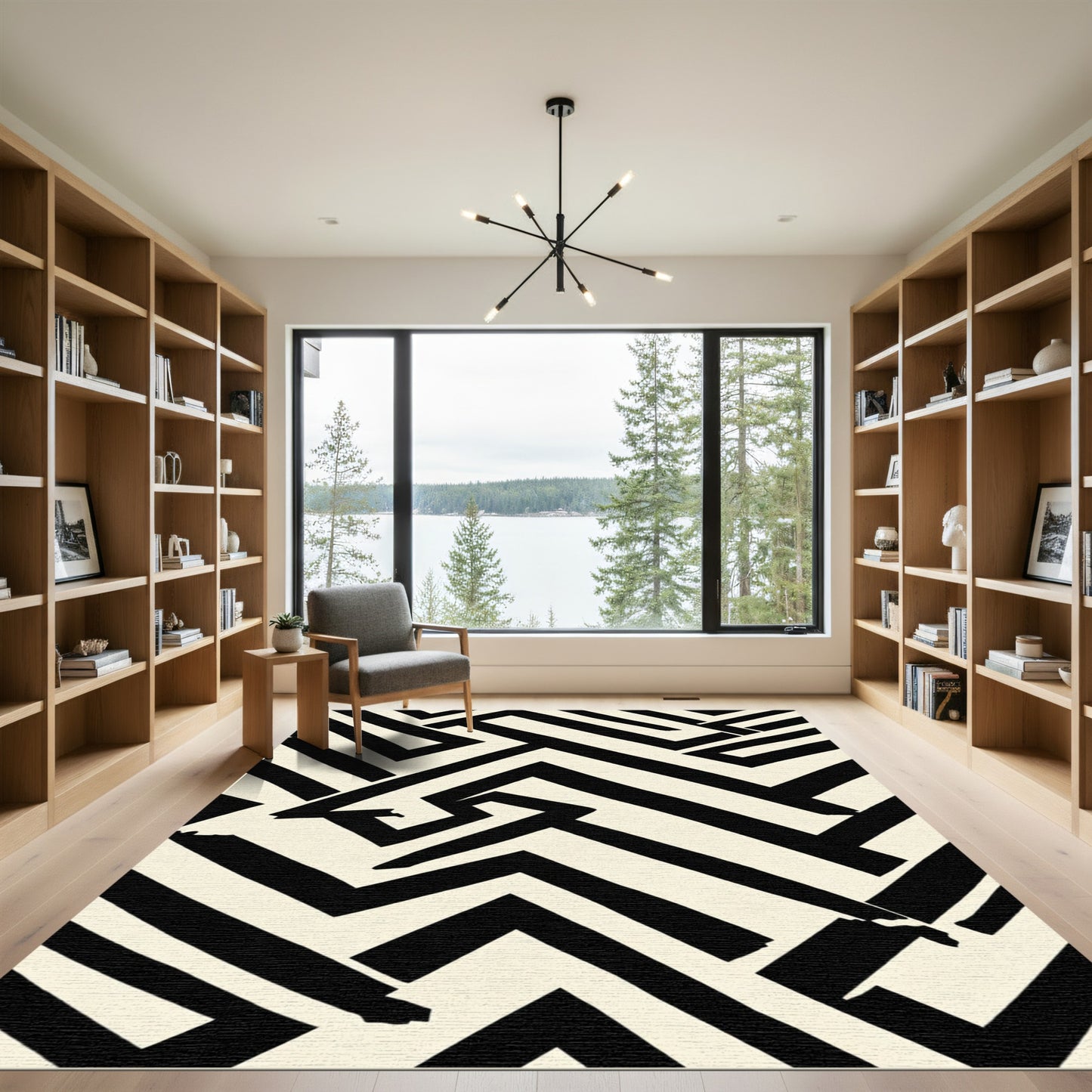 Bold Black Cream Geometric Maze Rug