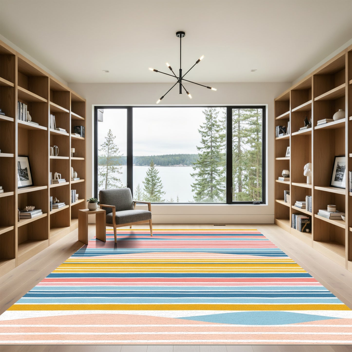 Abstract Coral Blue Yellow Stripe Rug