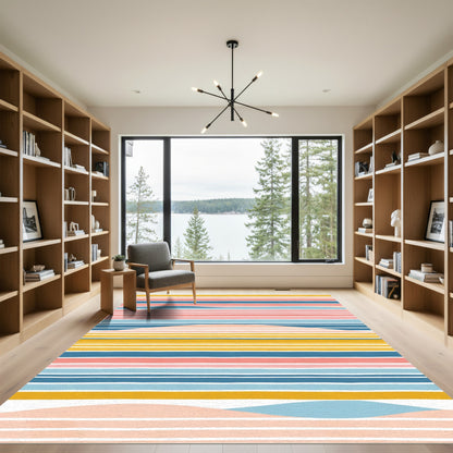 Abstract Coral Blue Yellow Stripe Rug