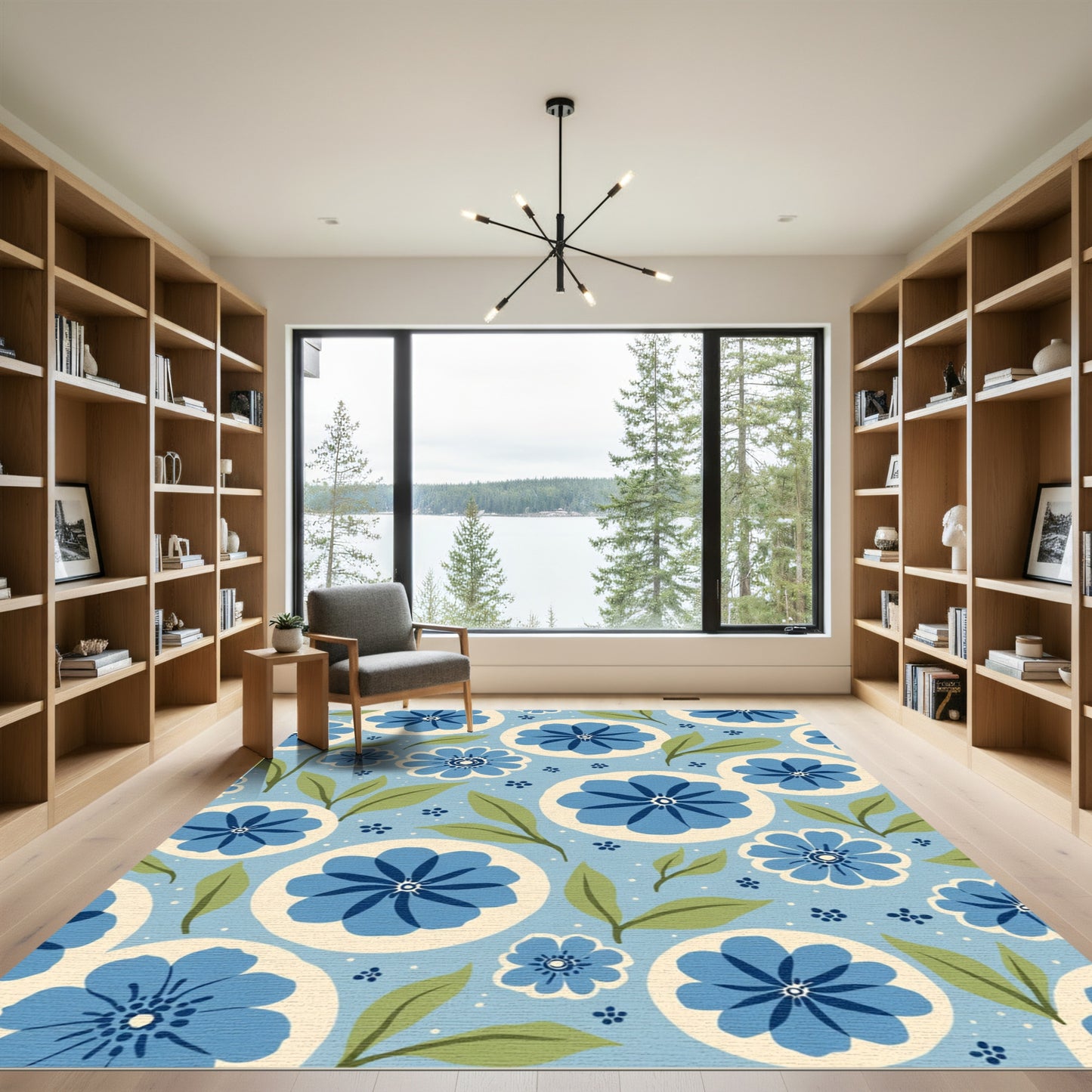 Blue Floral Medallion Garden Rug