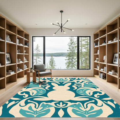 Cream Teal Hare Floral Composition Rug