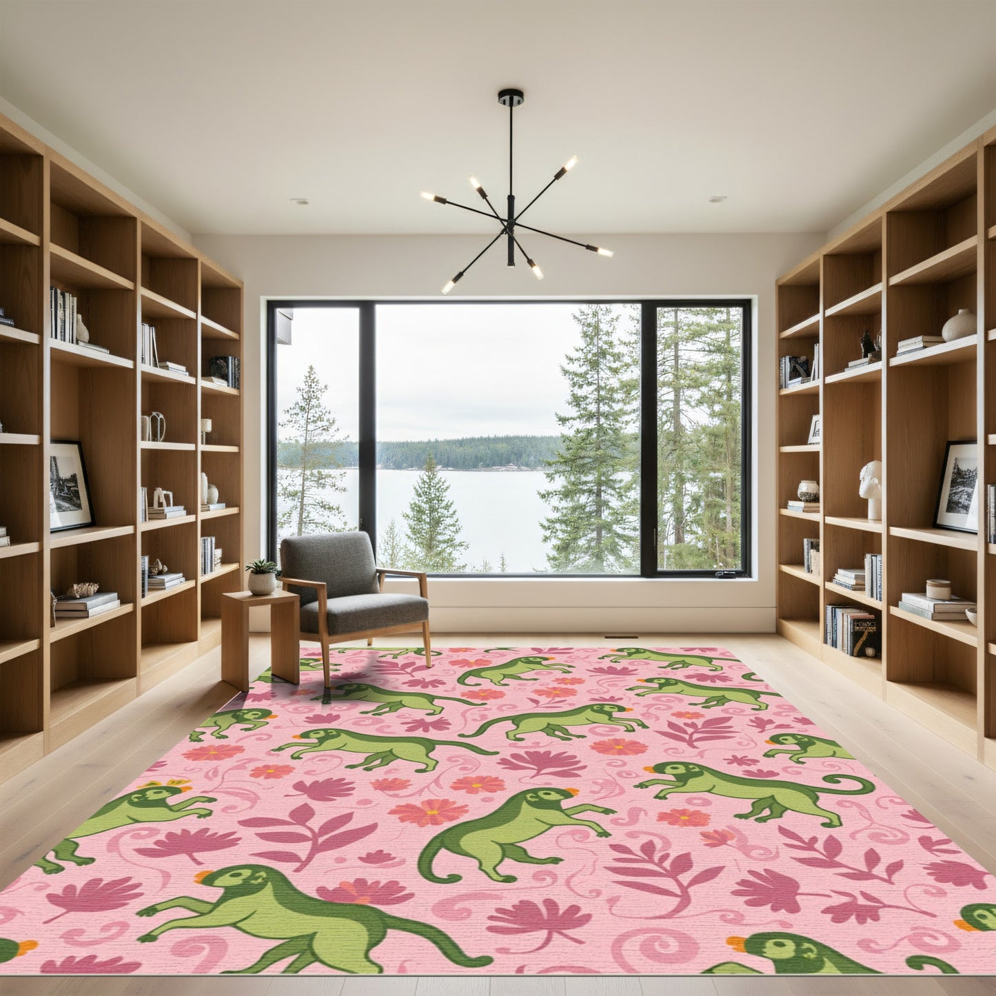 Playful Green Monkey Floral Swirl Rug
