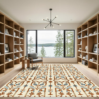 Cream Brown Blue Floral Arch Rug