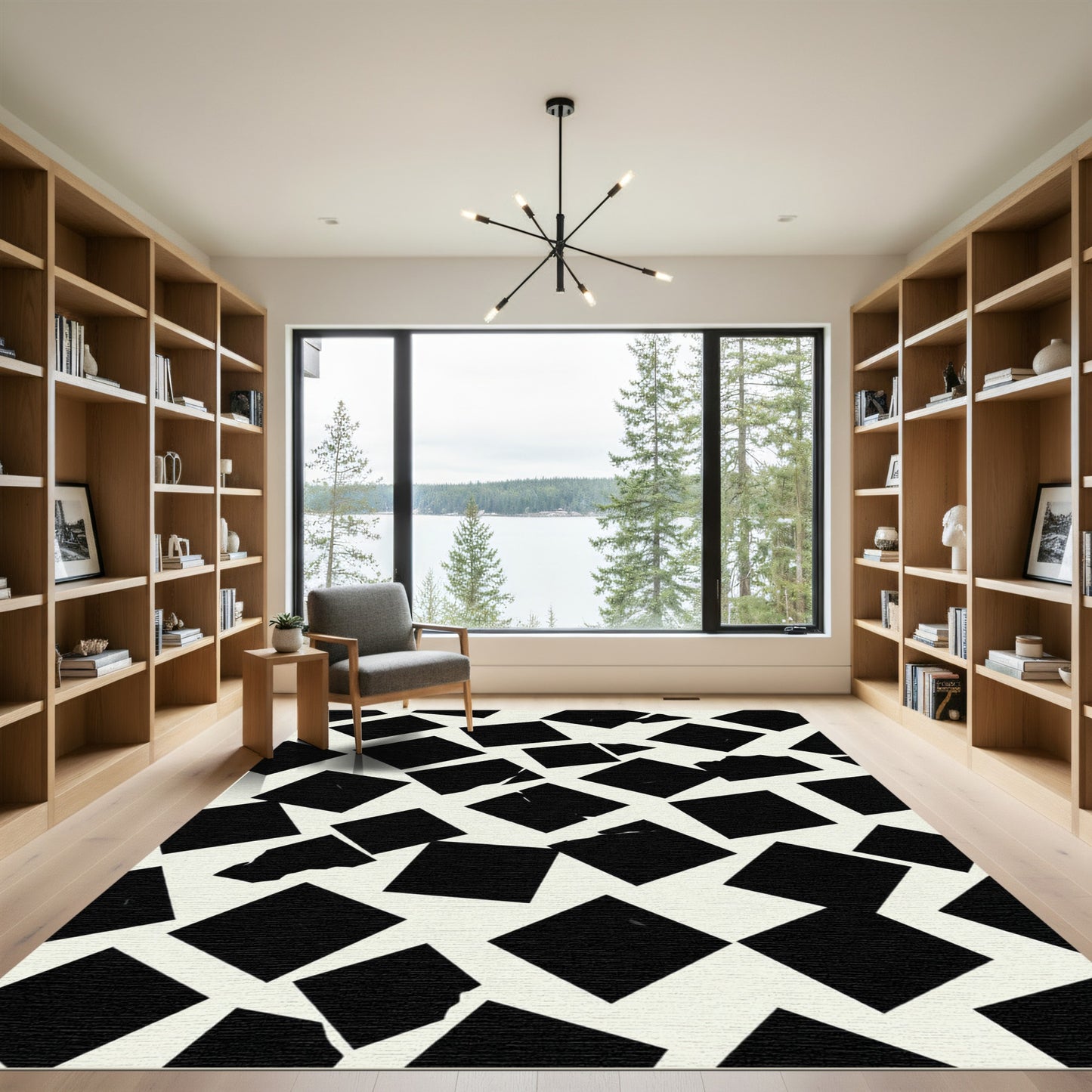 Modern Black Distorted Square Ground Rug