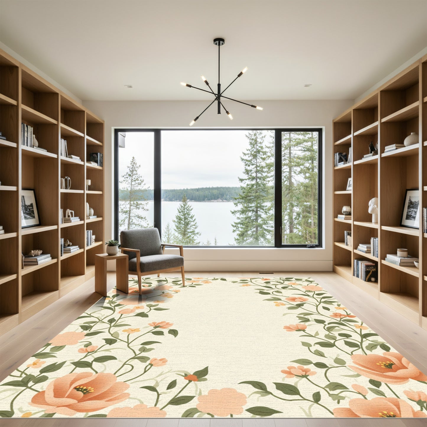 Coral Floral Vine Border Rug