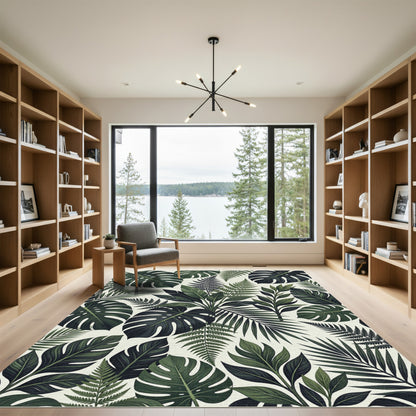 Deep Green Tropical Foliage Leaves Rug