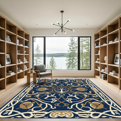 Navy Gold Anchor Scrollwork Rug