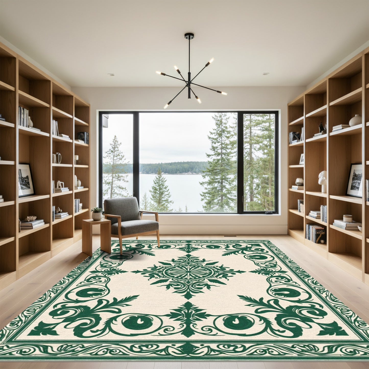 Dark Green Ornate Vine Medallion Rug