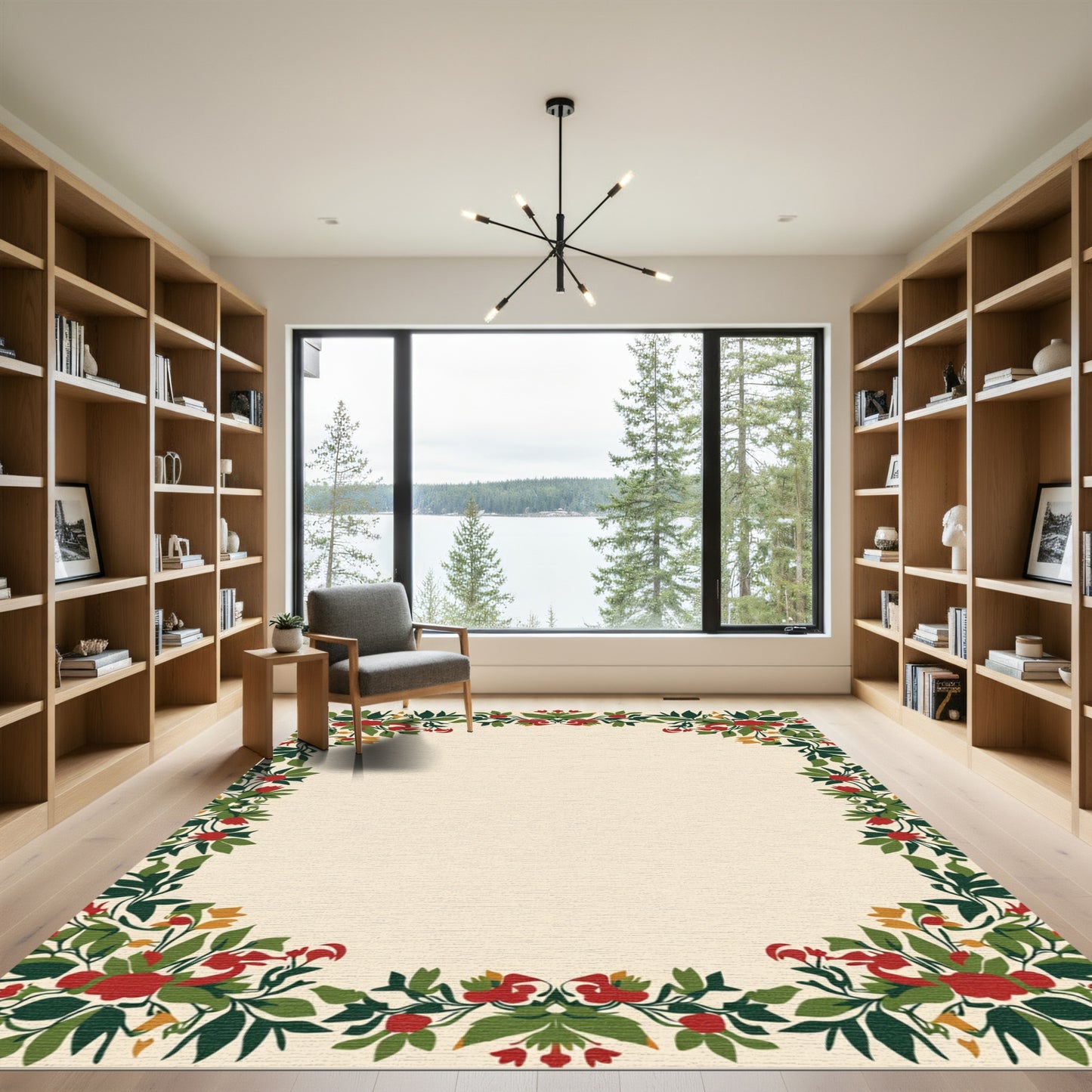 Crimson Floral Vines Border Rug