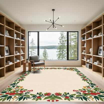 Crimson Floral Vines Border Rug
