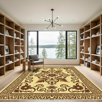 Ornate Brown Floral Medallion Cream Rug