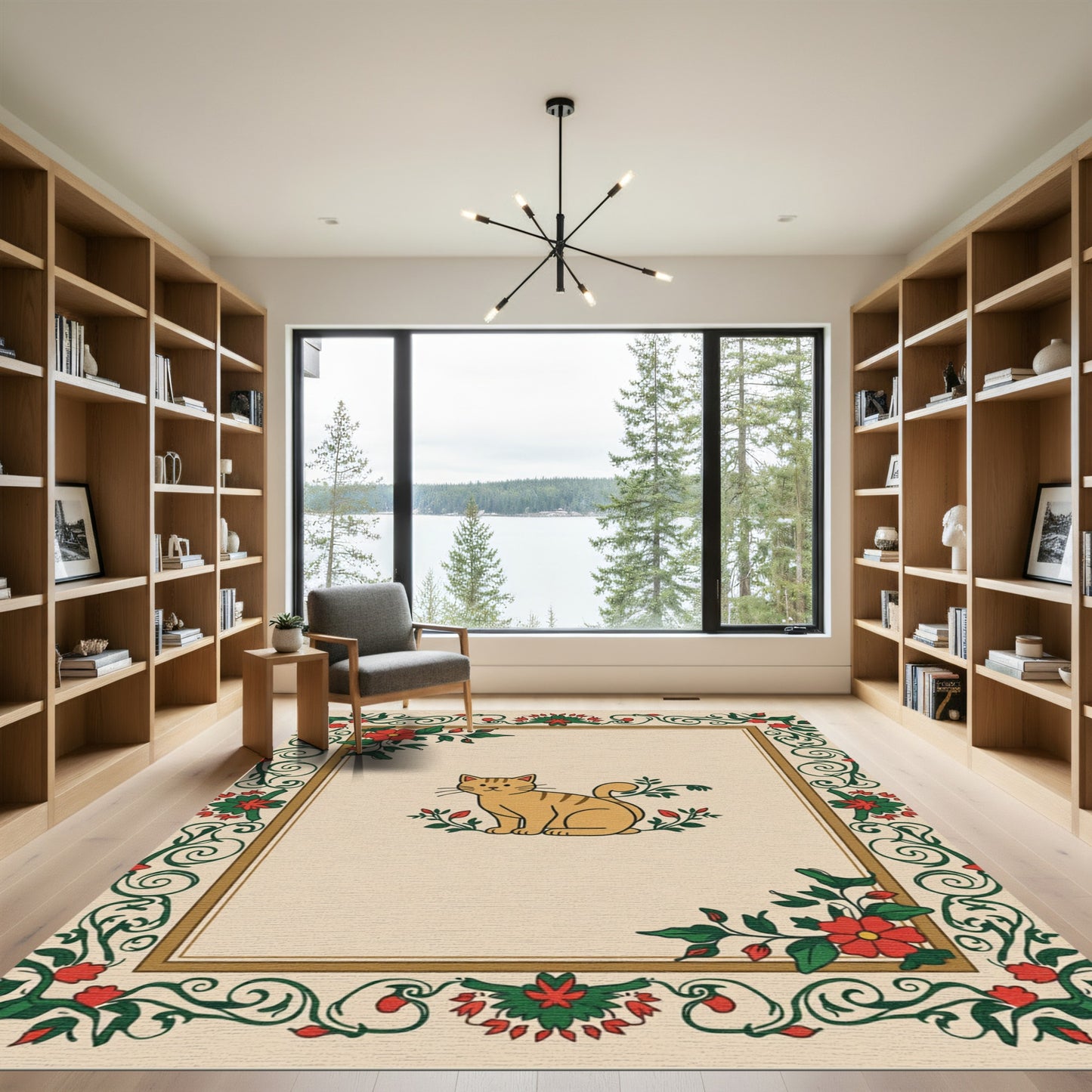 Whimsical Orange Tabby Cat Floral Border Rug