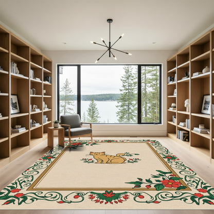 Whimsical Orange Tabby Cat Floral Border Rug