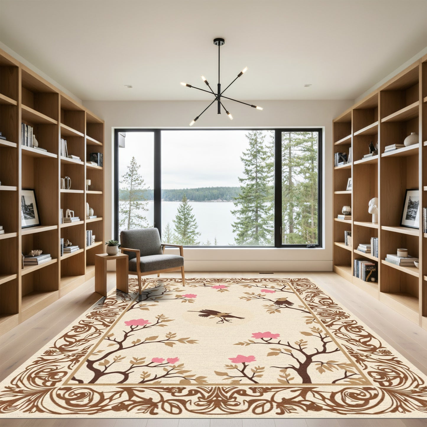 Brown Floral Birds Nature Inspired Rectangular Rug