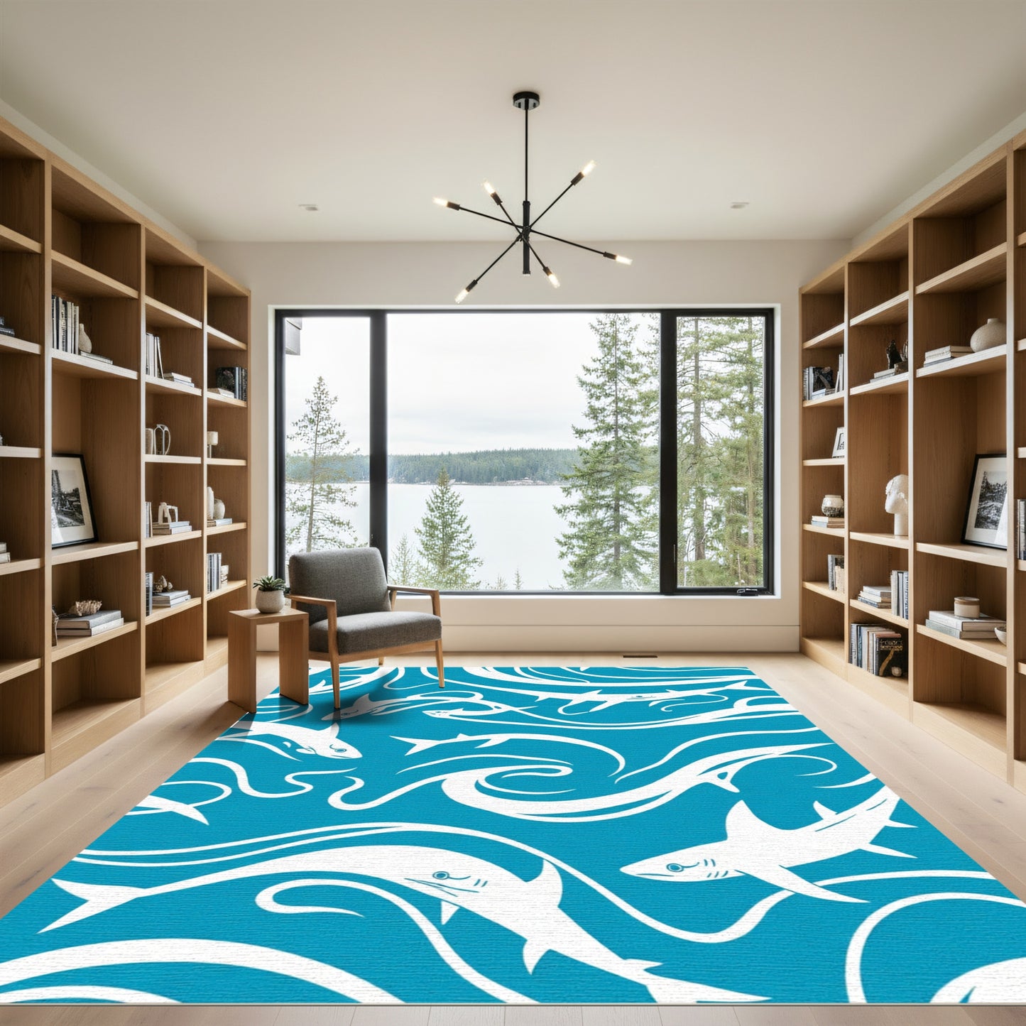 White Sharks Whirling Blue Waters Rug
