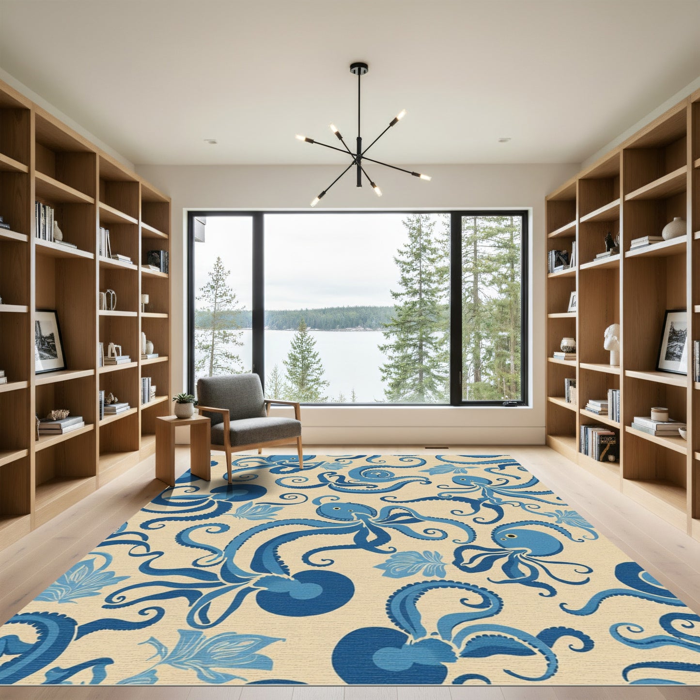 Blue Octopus Swirl Botanical Scene Rug