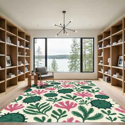 Whimsical Turtle Coral Garden Rug
