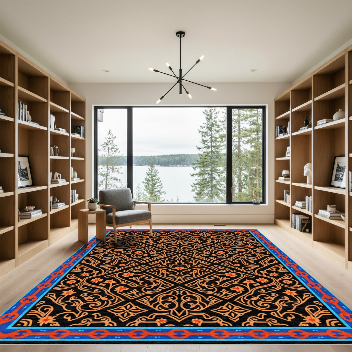 Black Orange Floral Medallion Border Rug
