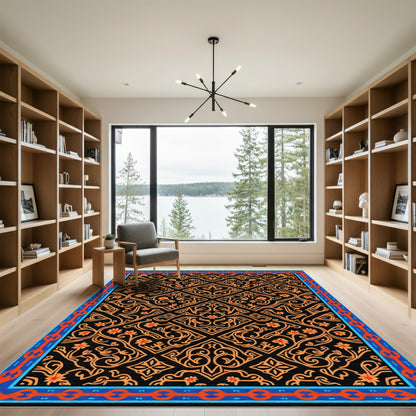 Black Orange Floral Medallion Border Rug