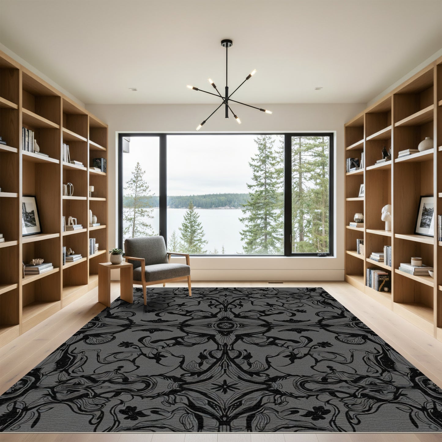 Dark Gray Ornate Floral Vine Rug