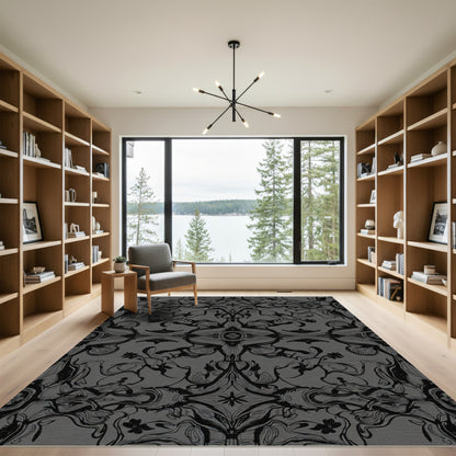 Dark Gray Ornate Floral Vine Rug
