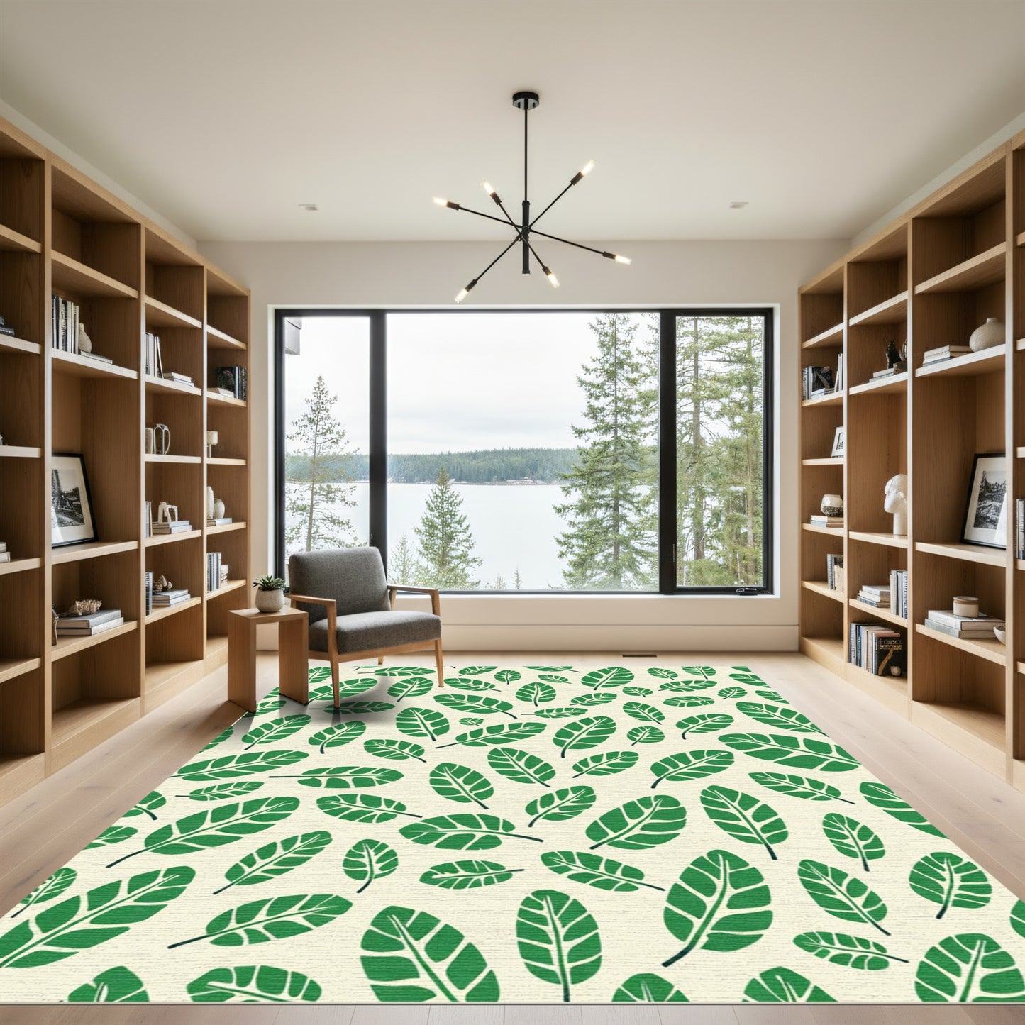 Green Leaves On Cream Background Rug