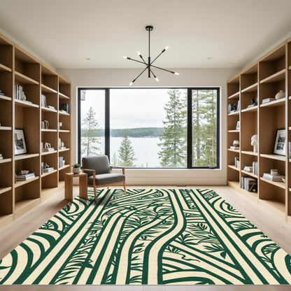 Cream and Dark Green Botanical Swirl Rug